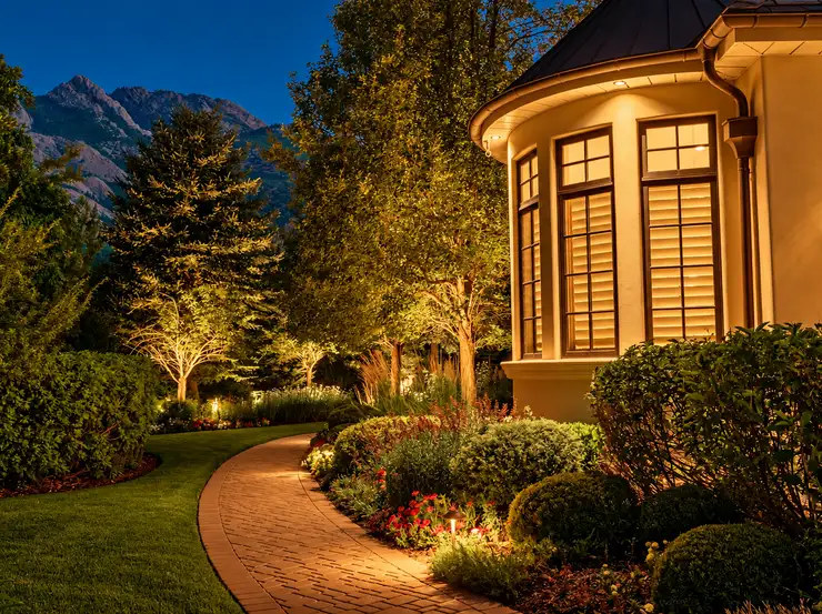 A lit two-story home at dusk surrounded by landscaping
